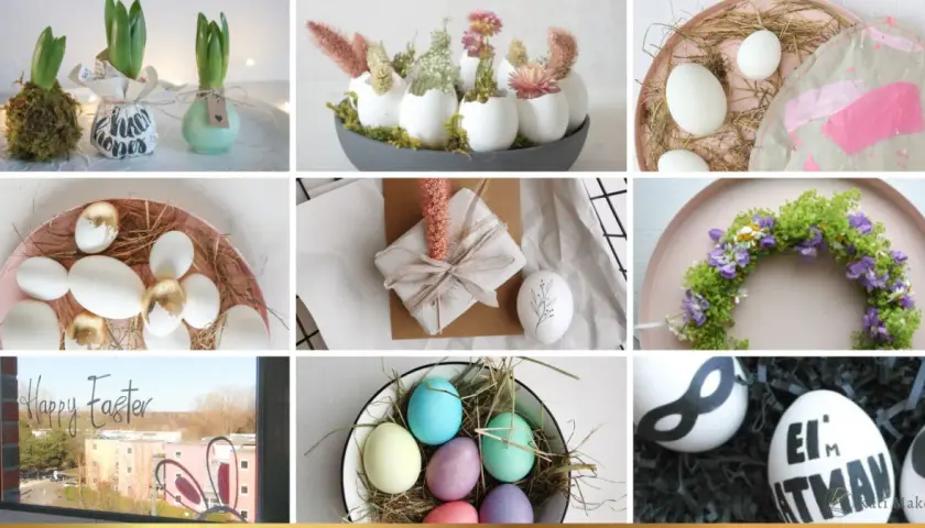 Ausgefallene Bastelideen Ostern Erwachsene: Hyazinthen, Eierdeko mit Gold, Blumenkranz, Geschenke und Batman-Eier.