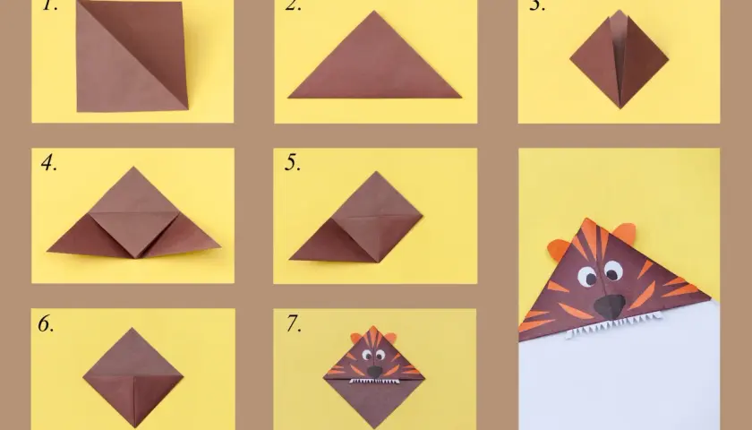 Pasos para crear un marcapáginas de tigre de origami, ideal para el día del libro para niños.