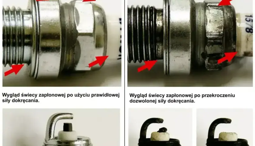 Uszkodzona świeca zapłonowa objawy: porównanie świecy po prawidłowym i nadmiernym dokręceniu. Czerwone strzałki wskazują uszkodzenia.