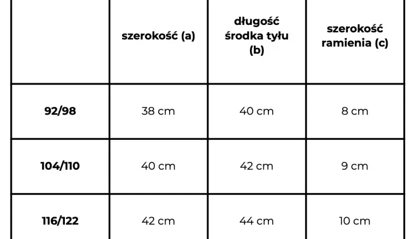 Tabela rozmiarów: rozmiar M (92/98) ma szerokość 38 cm, długość 40 cm, a szerokość ramienia 8 cm.