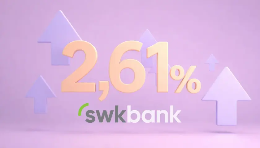 Positive swk bank erfahrungen: 2,61% Zinsen steigen. Pfeile zeigen nach oben.