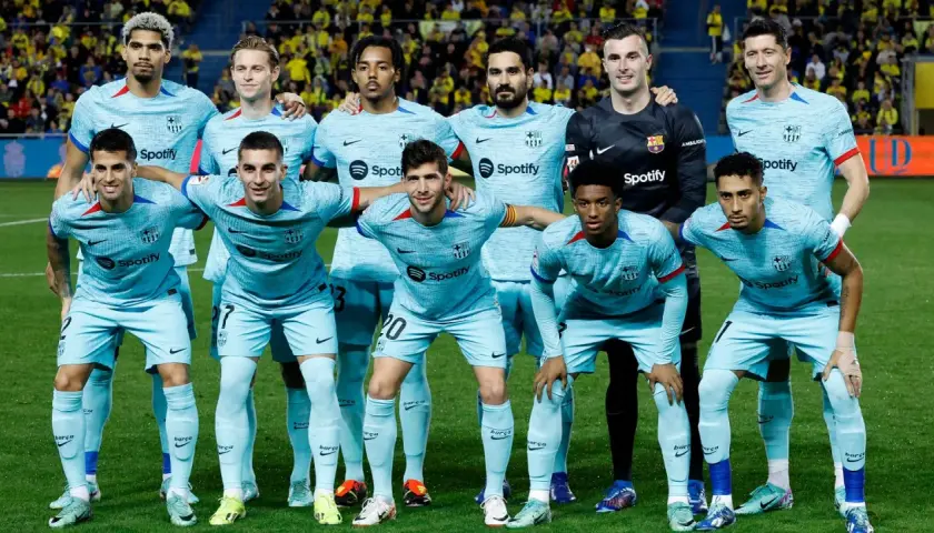 Aktualny skład Barcelony w jasnoniebieskich strojach, gotowy do gry.