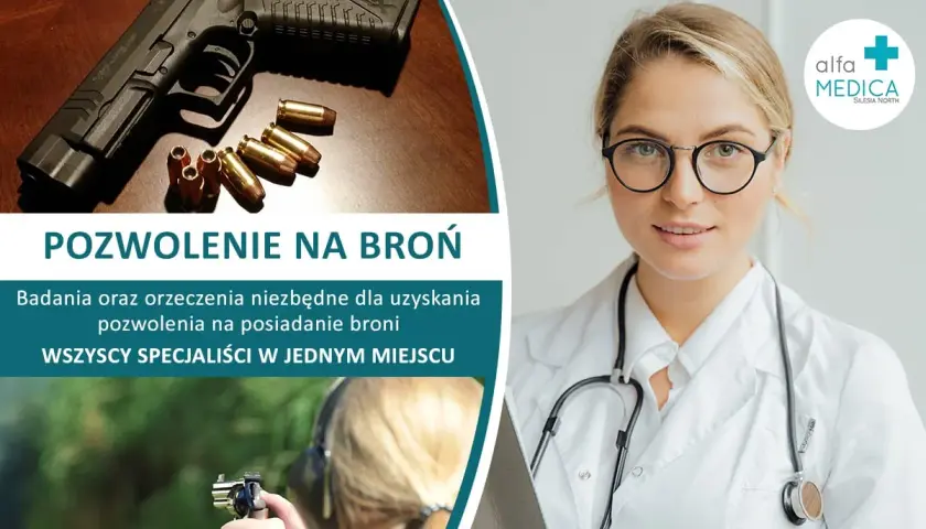 Pistolet i naboje, lekarka i strzelająca kobieta. Badania do pozwolenia na broń zgodnie z art. 15 ustawy o broni i amunicji.