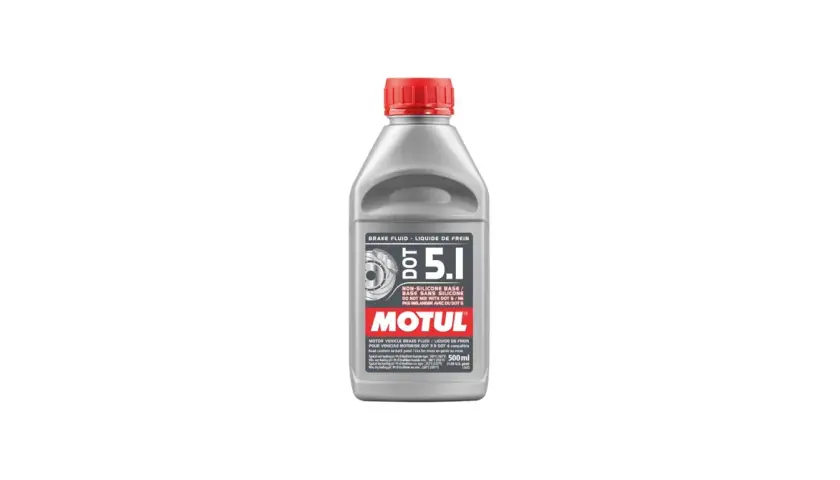 Motul DOT 5.1 brake fluid bottle. This non-silicone fluid is not to be mixed with DOT 5.