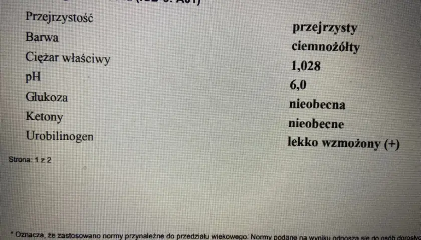 Wynik badania ogólnego moczu: urobilinogen lekko wzmożony (+). Pozostałe parametry w normie.