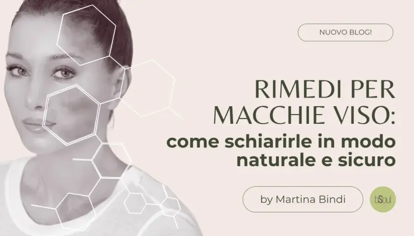 Donna con macchie sul viso, con grafiche esagonali. Titolo: "Rimedi per macchie viso: come coprire le macchie sul viso in modo naturale e sicuro".