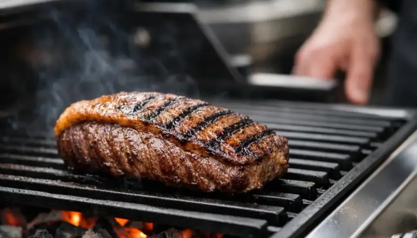Une picanha de cochon juteuse grésille sur un barbecue, avec des marques de grill parfaites et de la fumée s'élevant.