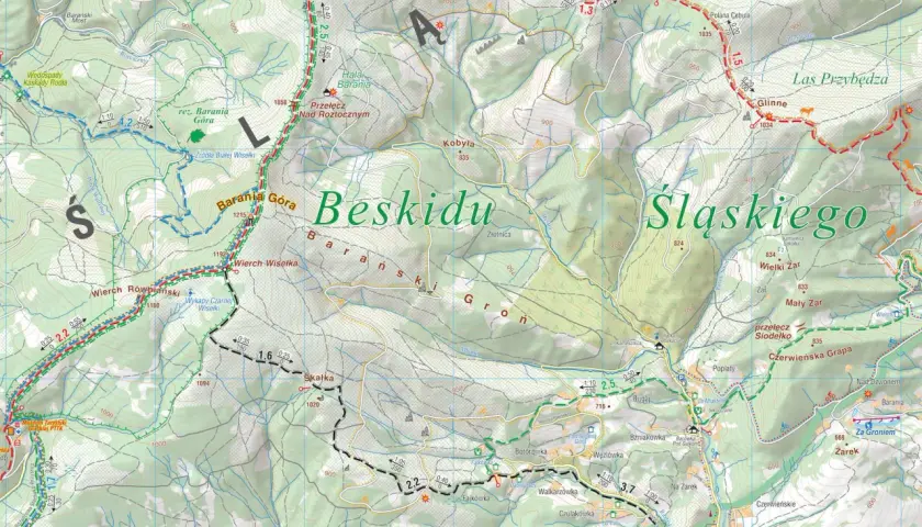 Mapa turystyczna Beskidu Śląskiego z zaznaczonymi szlakami, punktami i wysokościami.