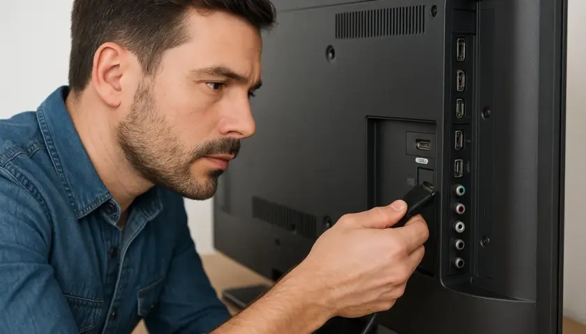 Mężczyzna próbuje podłączyć kabel do telewizora, ale coś sprawia, że telefon nie widzi telewizora.