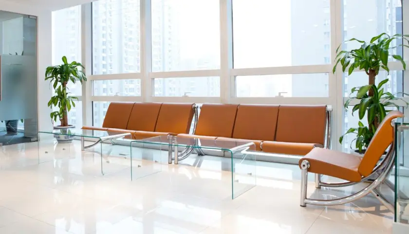 Moderna sala d'attesa con divani in pelle color cuoio, tavolini in vetro e piante verdi. Ottime idee per una sala d'attesa accogliente e di design.