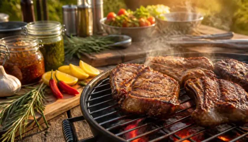 Délicieuse grillade de porc sur le barbecue, avec des accompagnements frais et des herbes aromatiques.
