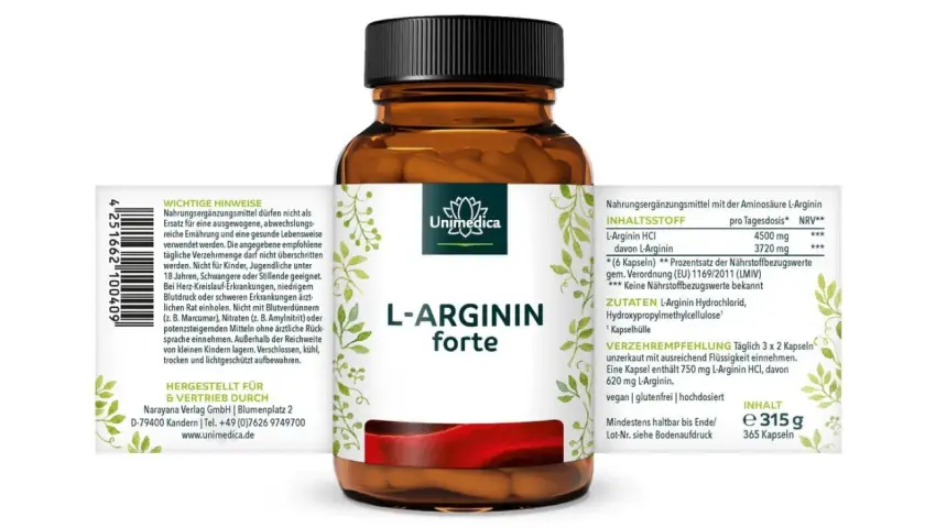 Flasche L-Arginin forte: 6 Kapseln enthalten 3720 mg L-Arginin. Wie viel Arginin pro Tag? Die Verzehrempfehlung ist 3x2 Kapseln.