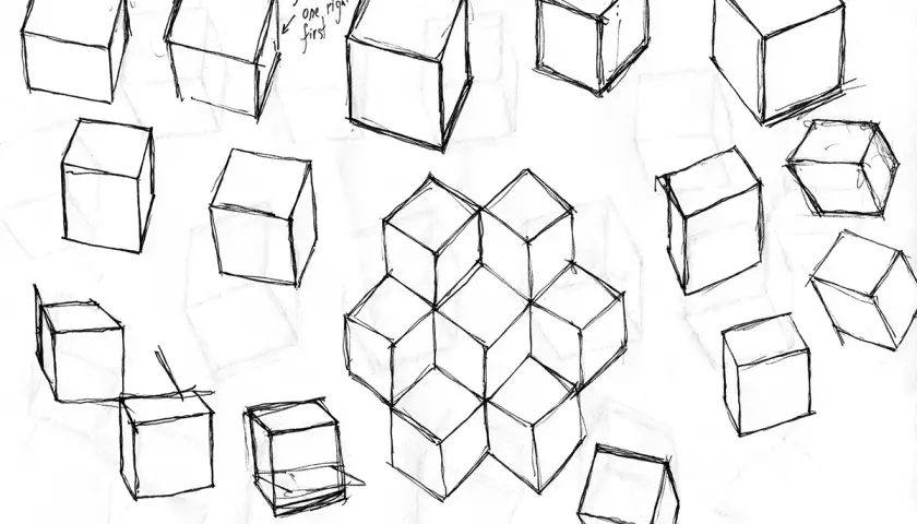 Un dibujo de varios cubos en diferentes perspectivas, algunos apilados formando una figura geométrica. Un boceto de cubo para practicar.