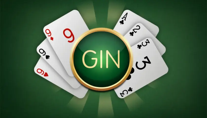 Spielkarten mit dem Wort "GIN" in der Mitte, die die Gin Rummy Regeln symbolisieren.