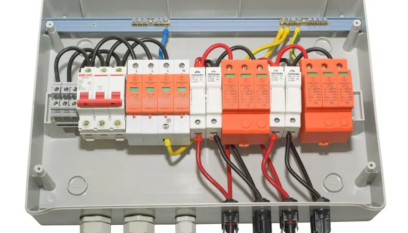 Wewnątrz skrzynki elektrycznej widoczne są zabezpieczenia przeciwprzepięciowe, które chronią przed nagłymi skokami napięcia, zapewniając bezpieczeństwo instalacji.