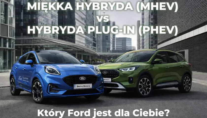 Niebieski Ford Puma Hybrid i zielony SUV obok siebie. Porównanie miękkiej hybrydy (MHEV) z hybrydą plug-in (PHEV).