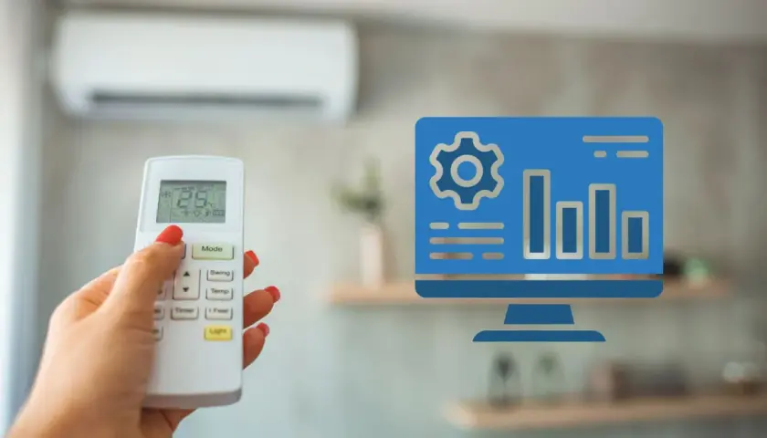 Controla tu aire acondicionado con Alexa. Un mando a distancia y un icono de ordenador con gráficos sugieren la gestión inteligente del clima.