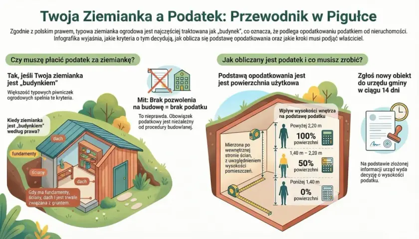 Ilustracja przedstawia przekrój ziemianki ogrodowej, wyjaśniając zasady opodatkowania i obliczania powierzchni użytkowej.