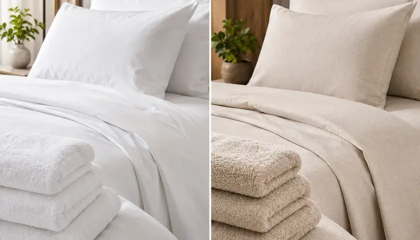 Comparaison de literie : blanc éclatant (coton ?) vs beige naturel (polyester ?). Douceur et texture contrastées.