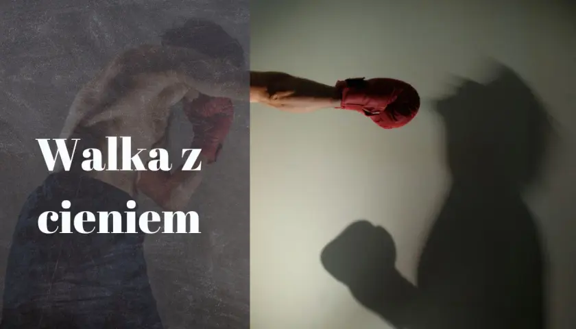 Bokser w czerwonej rękawicy walczy z cieniem, który przybiera postać przeciwnika.