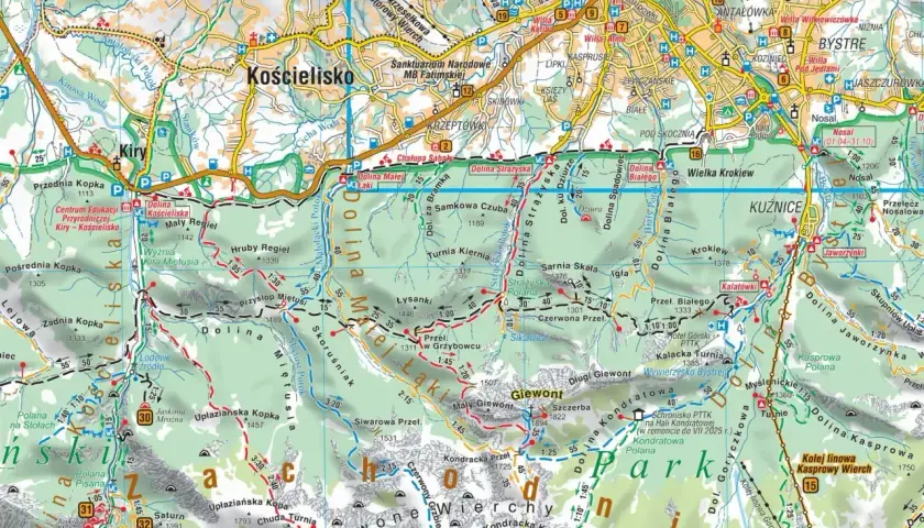 Mapa Tatr z zaznaczonymi szlakami, pokazująca trudność szlaków górskich. Widoczne nazwy dolin, szczytów i schronisk.