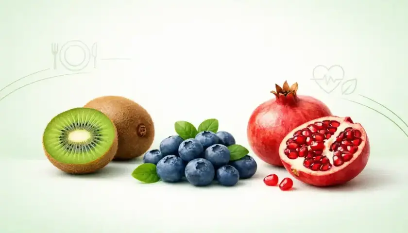 Kiwi, borówki i granat na jasnym tle z ikonami zdrowia i jedzenia.