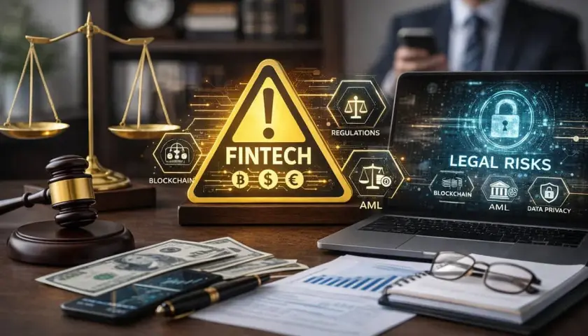 Balanza de justicia, martillo, dinero y portátil con "Legal Risks" y "Fintech". Un contrato de gestión en el mundo digital.