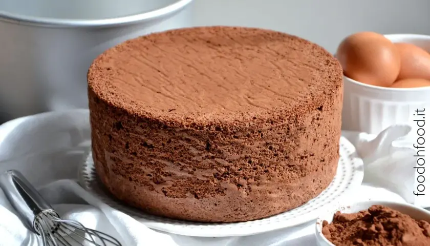 Un soffice pan di spagna al cacao, pronto per essere farcito. Ingredienti freschi come uova e cacao in polvere completano la scena.