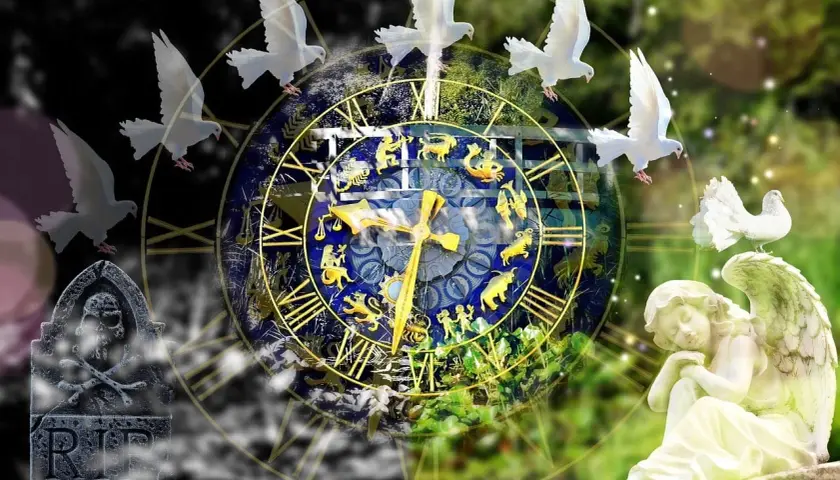 Anioł czuwa nad horoskopem miłosnym, podczas gdy gołębie symbolizują wolność i nadzieję. Czas płynie, a zodiak zapowiada przyszłość.