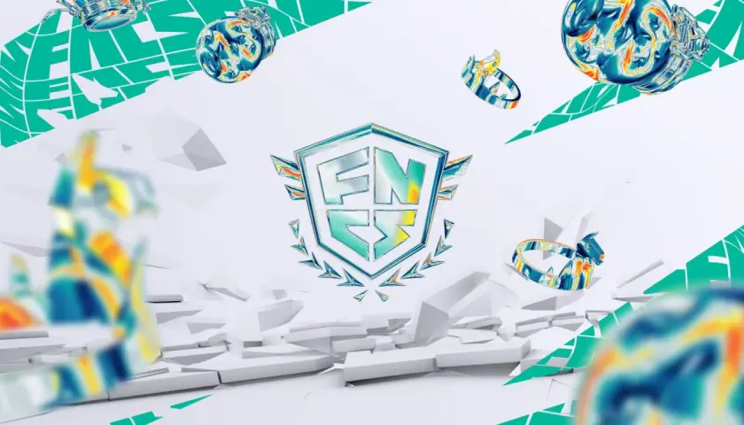 Logo FNCS na tle rozbitej tarczy. Wokół unoszą się kolorowe, abstrakcyjne kształty i pierścienie.