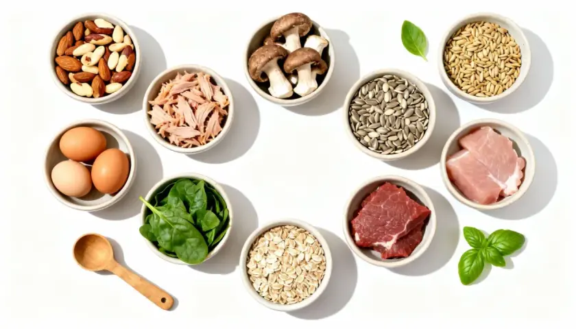 Schüsseln mit Mandeln, Thunfisch, Pilzen, Sonnenblumenkernen, Haferflocken, rotem Fleisch, Schweinefleisch, Spinat, Eiern und Getreide. Diese Lebensmittel sind reich an Selen.