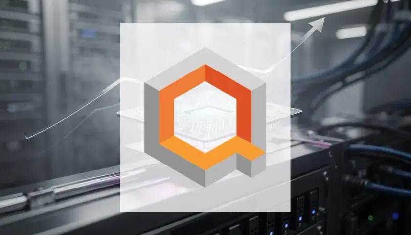 Das IonQ-Logo (NYSE: IONQ) über einem Serverraum mit einem steigenden Trendpfeil, der Wachstum symbolisiert.