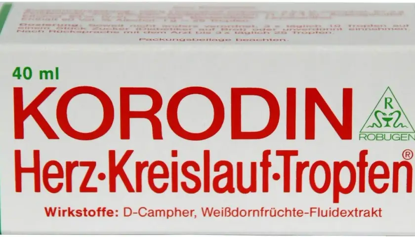 Korodin Herz-Kreislauf-Tropfen, 40 ml. Für das Herz und den Kreislauf. Enthält D-Campher und Weißdornfrüchte-Fluidextrakt.