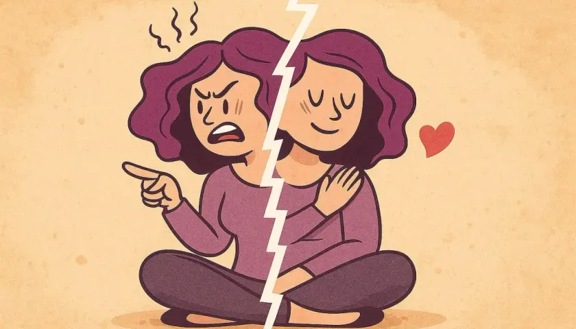 Una persona divisa: da un lato arrabbiata e puntata, dall'altro serena e abbracciata. A volte, il dialogo interiore, il parlare da soli, mostra queste due facce.
