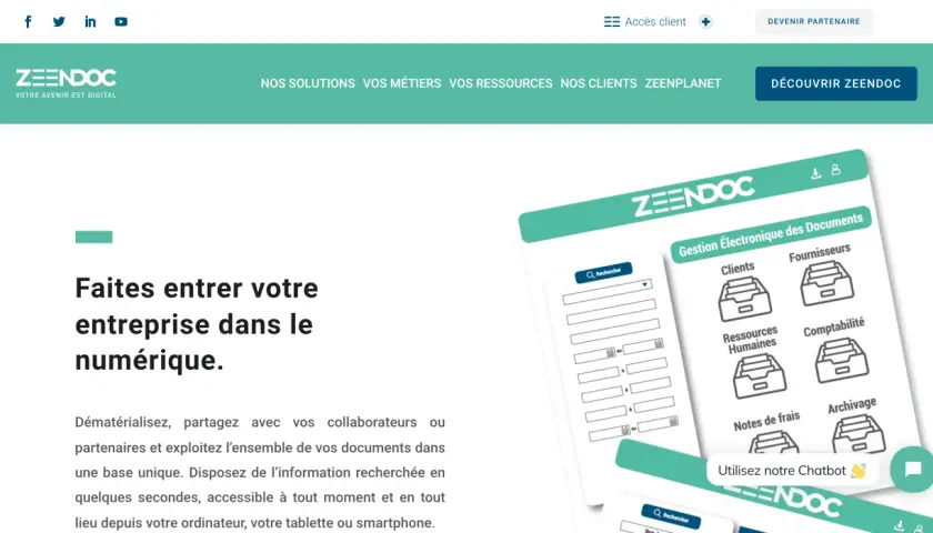 Exemple d'indexation de documents pour une gestion électronique efficace. Le système Zeendoc organise les fichiers par catégories : clients, fournisseurs, RH, comptabilité, notes de frais, archivage.