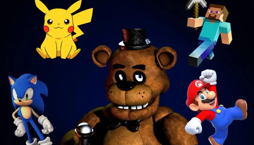 Freddy Fazbear w cylindrze, otoczony przez Pikachu, Sonica, Steve'a z Minecrafta i Mario.