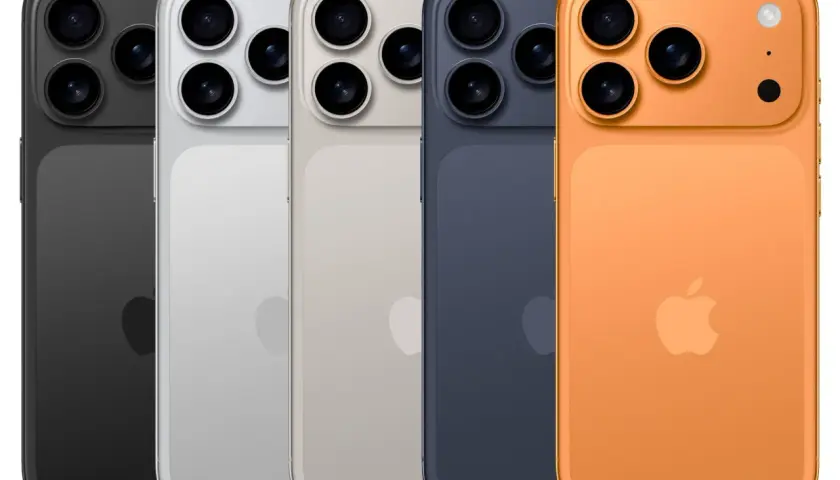 Pięć smartfonów w różnych kolorach: czarny, srebrny, beżowy, granatowy i pomarańczowy. To nowe iPhone 17 Pro Max kolory.