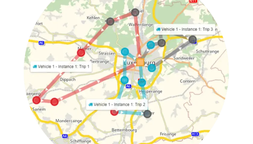 Karte von Luxemburg mit Routen und Markierungen, die die tourenplanung logistik für mehrere Fahrzeuge darstellen.