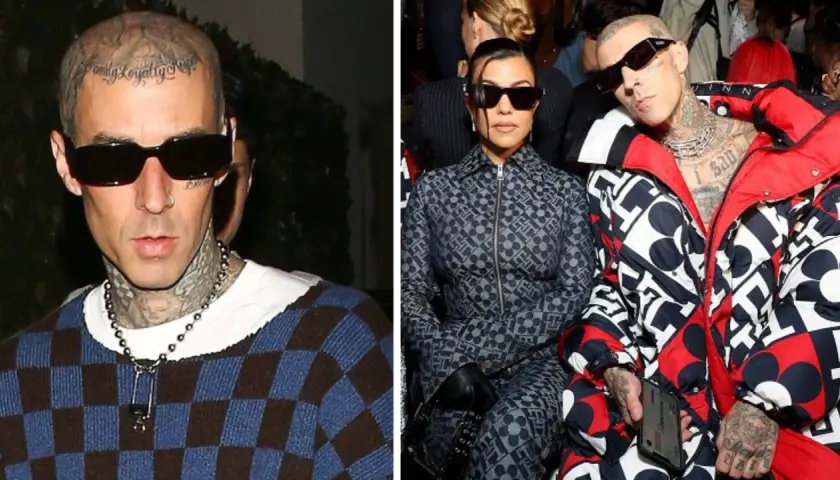 Travis Barker, znany z zespołu, w okularach i z tatuażami na głowie i szyi, obok Kourtney Kardashian.