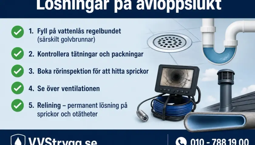 Hjälp att lösa problem med avloppslukt i huset. Bilden visar lösningar som att fylla på vattenlås, kontrollera tätningar, rörinspektion, ventilation och relining.