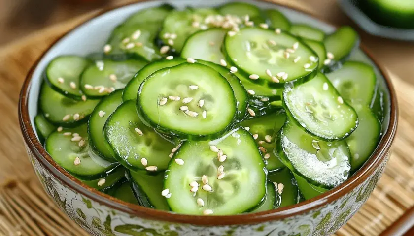A refreshing bowl of Japanese cucumber salad, thinly sliced cucumbers glistening with a light dressing and sprinkled with sesame seeds.