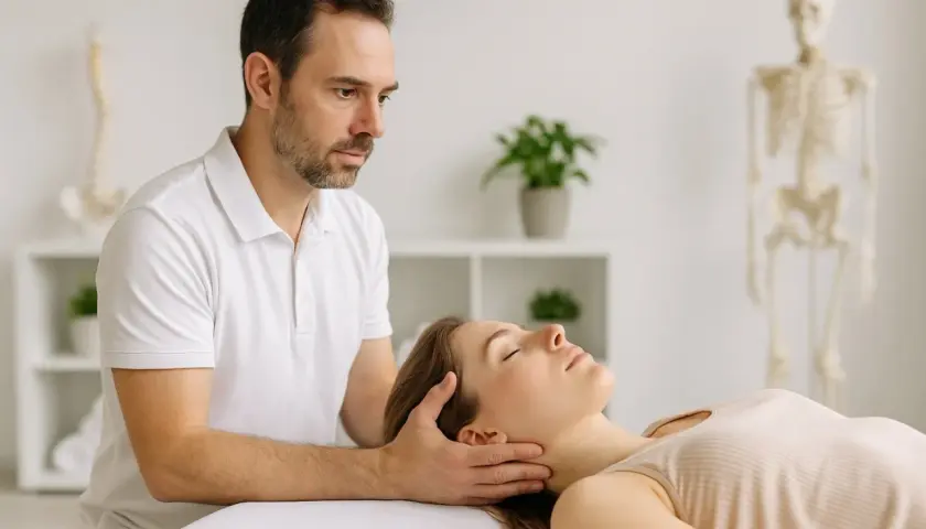 Ein Osteopath behandelt eine Frau am Kopf. Im Hintergrund sind ein Skelett und eine Wirbelsäule zu sehen. Osteopathie sinnvoll für ganzheitliche Behandlung.