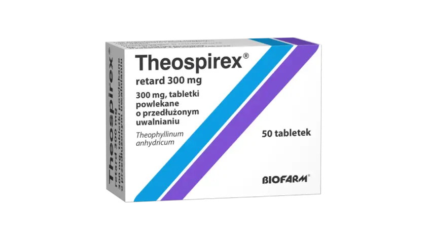 Opakowanie leku Theospirex retard 300 mg, 50 tabletek powlekanych o przedłużonym uwalnianiu.