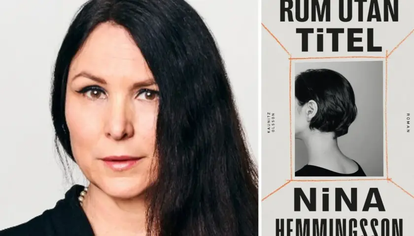 Porträtt av Nina Hemmingsson bredvid bokomslag för "Rum utan titel".
