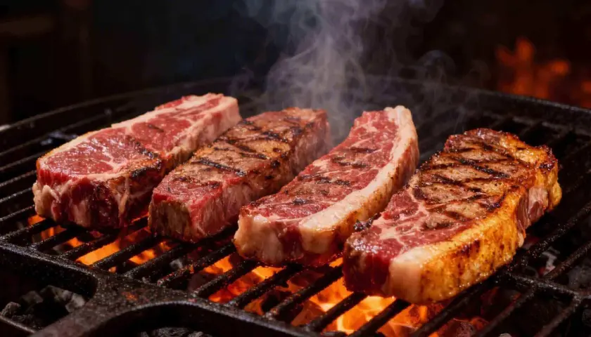 Quatre picanhas de boeuf juteuses grésillent sur un barbecue incandescent, dégageant une fumée alléchante.