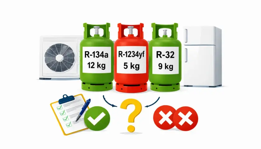 Trzy butle z czynnikiem klimatyzacji: R-134a, R-1234yf i R-32. Obok klimatyzator i lodówka. Pytajnik i symbole wyboru.