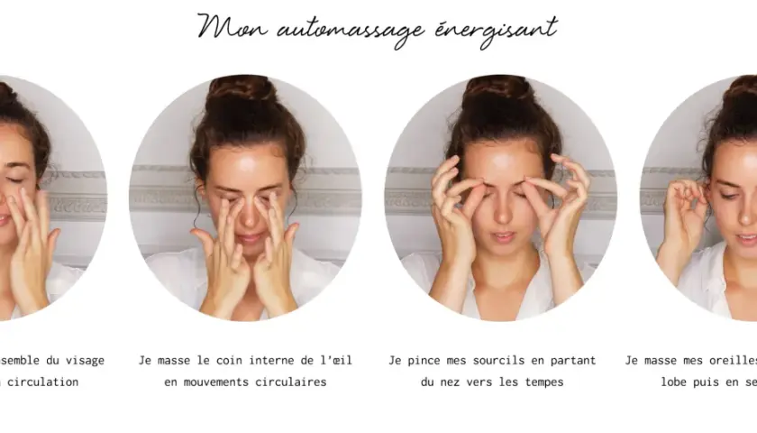Quatre étapes d'une routine beauté : automassage du visage, des yeux, des sourcils et des oreilles pour un coup d'éclat.