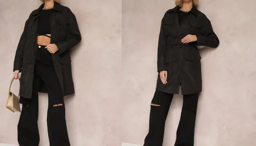 Dwie stylizacje z czarnym trencza. Luźne spodnie z rozdarciami i sneakersy dopełniają miejski look.