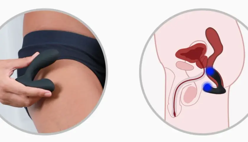 Dłoń trzymająca czarny masażer prostaty obok schematu męskiej anatomii z podświetloną prostatą.