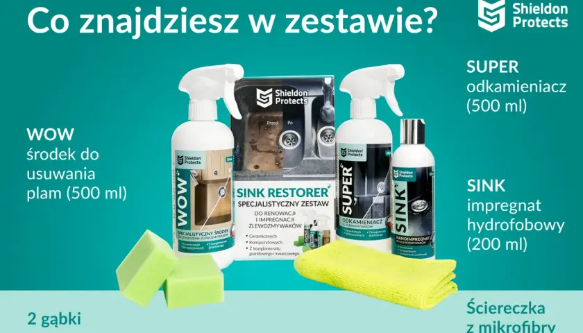 Zestaw do czyszczenia i impregnacji zlewozmywaków granitowych: środek WOW, odkamieniacz SUPER, nanoimpregnat SINK, 2 gąbki i ściereczka z mikrofibry.